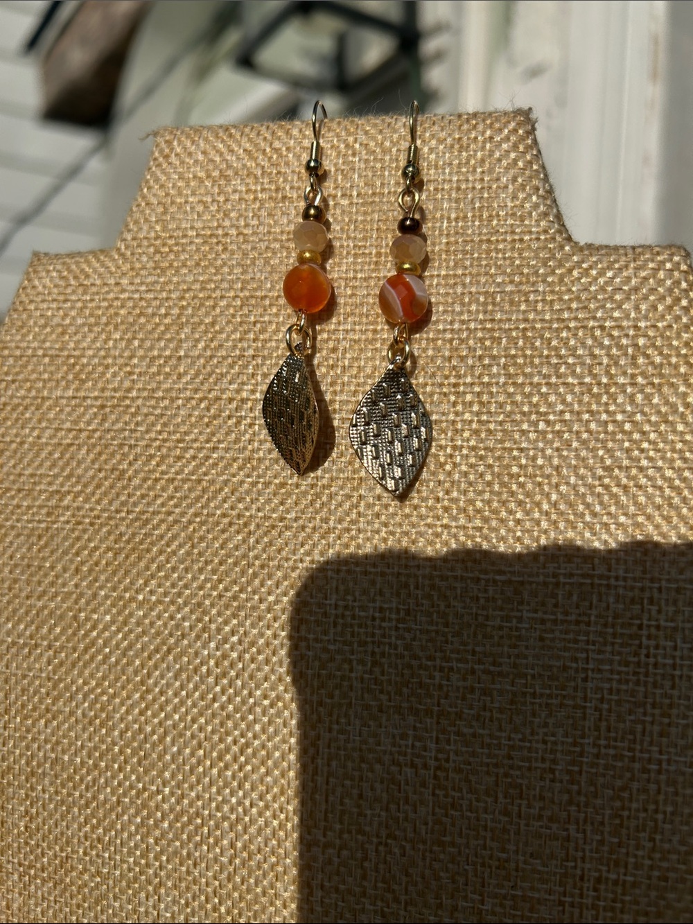 Gold Leaf Drop Earrings with Orange Beads